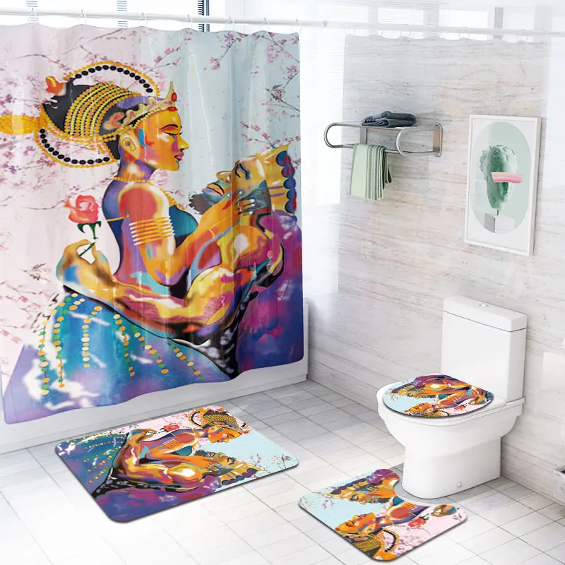Amazon African men and women customer printed 3 pcs bathroom rug mat match with shower curtain