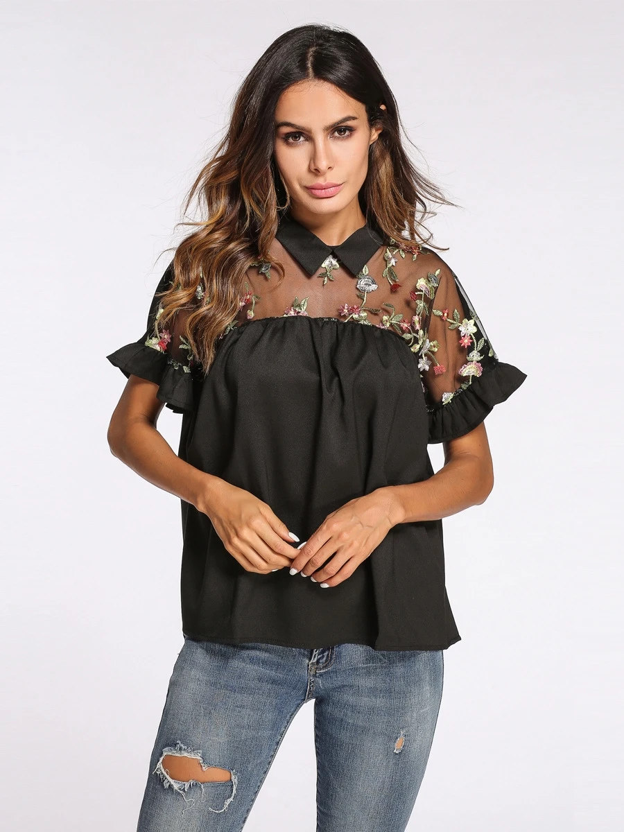 A3475 Embroidered Ruffle Cuff Sheer Tie Back Blouse Flower Lace Summer ...