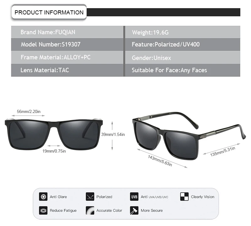 2019 Amazon hot sale TR90 square PC metal frame polarized men sunglasses