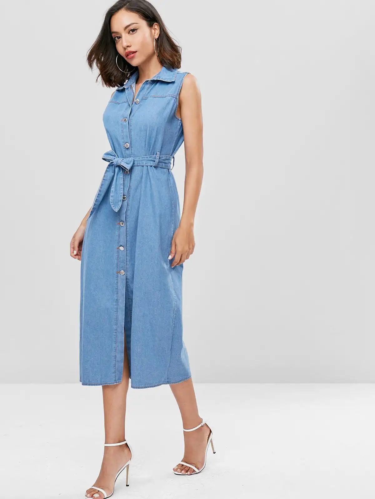 Summer Sleeveless With Blet Design Casual Dresses Length Denim Women Dresses for Lady