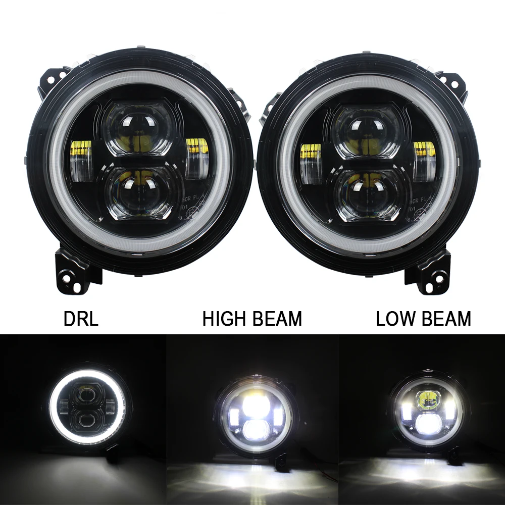 Pair 9 Inch Round LED Headlight Halo Projector DRL Replacement for JL 2018 2019
