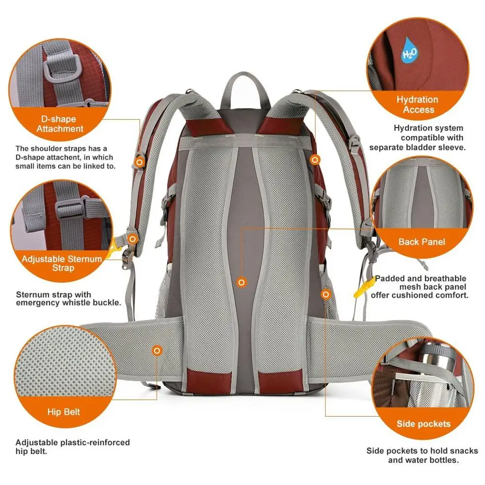 40 Liter Unisex Water resistant custom Hiking Camping Backpack