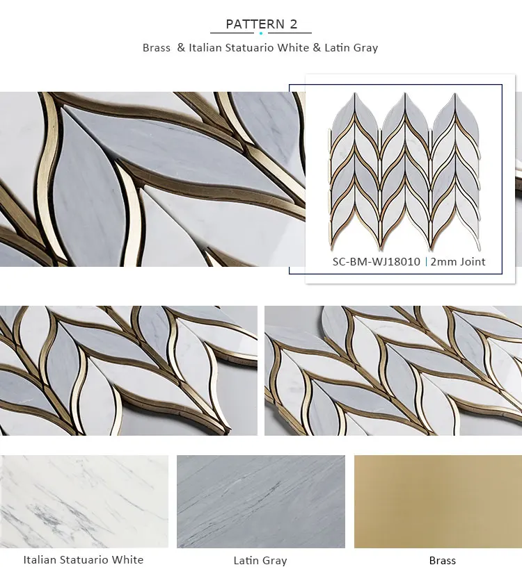 Leaf Shape Water jet Italy Statuario Mixed Grey Marble and Brass Mosaic Tile Waterjet Mosaic Tile