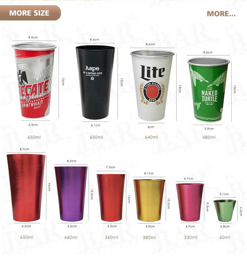 Aluminum tumblers of various sizes