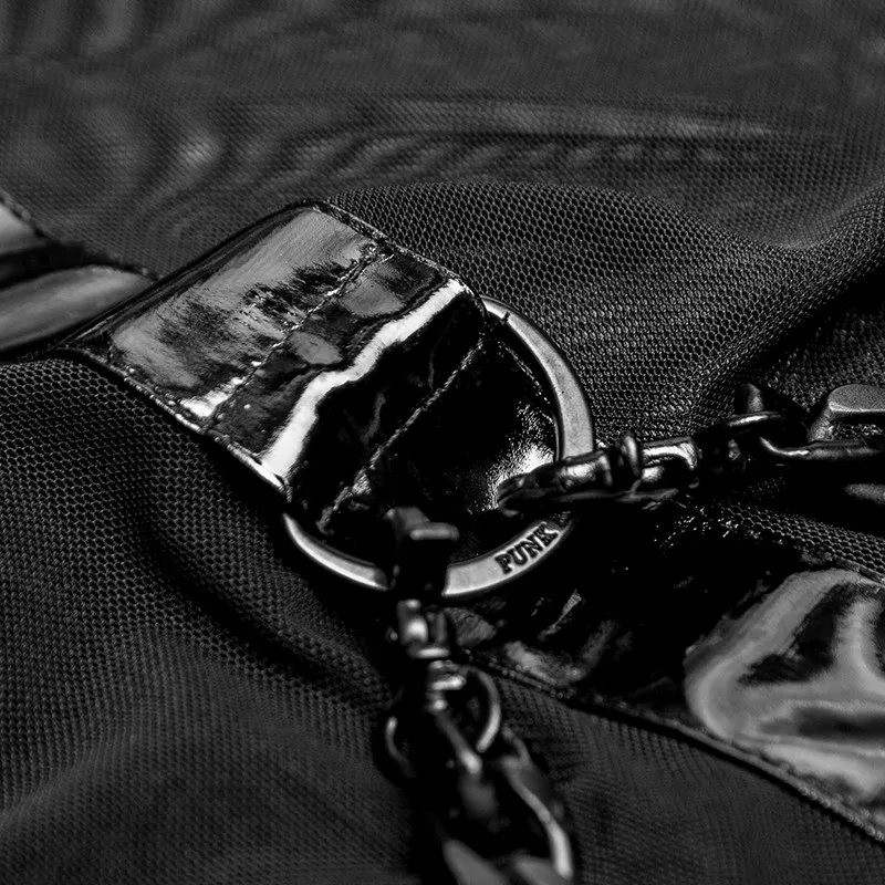 T-465 Fetish Minimalist Dense Transparent Mesh Branded Collar Neck Cross Chain T-shirt