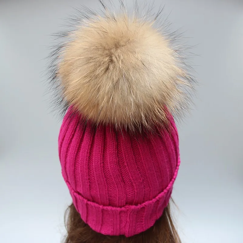 Hot Pink Knitting Hats Ribbed Pattern Girl Lady Hats Raccoon Fur Pom