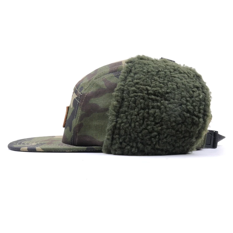 Custom Leather Patch Winter Ear Muff Hat,Camo Earflap 5 Panel Cap - Buy ...