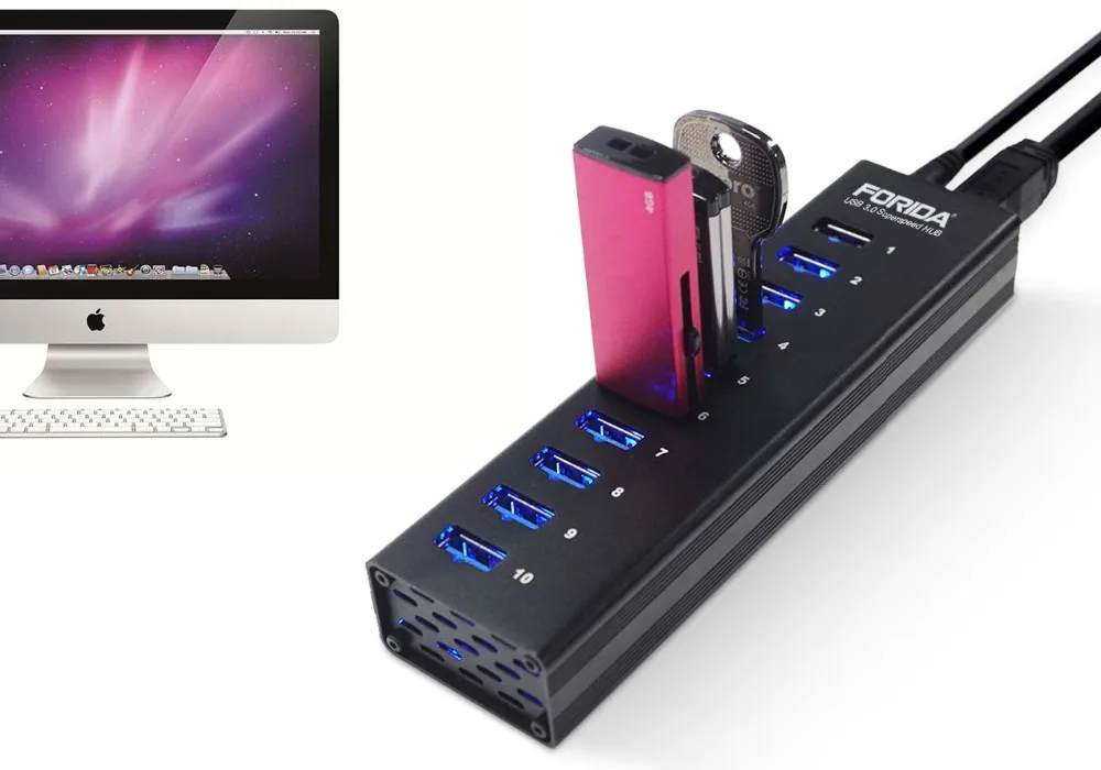 Super Speed Aluminum Alloy 10 Ports Usb 3.0 Hub With 5v 4a Ac Power