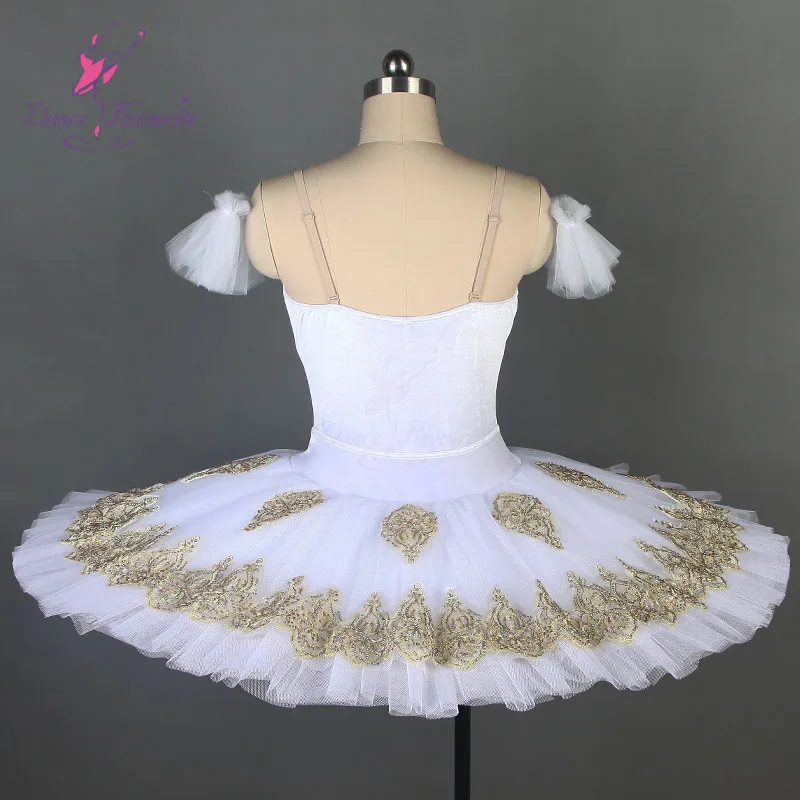 Stunning White Professional Ballet Tutu With Gold Trim On Spandex Bodice 7 Layers Stiff Tulle