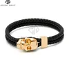 Gold Men's Stainless Steel Skull Hook Fastening Black Braided Leather Bracelet