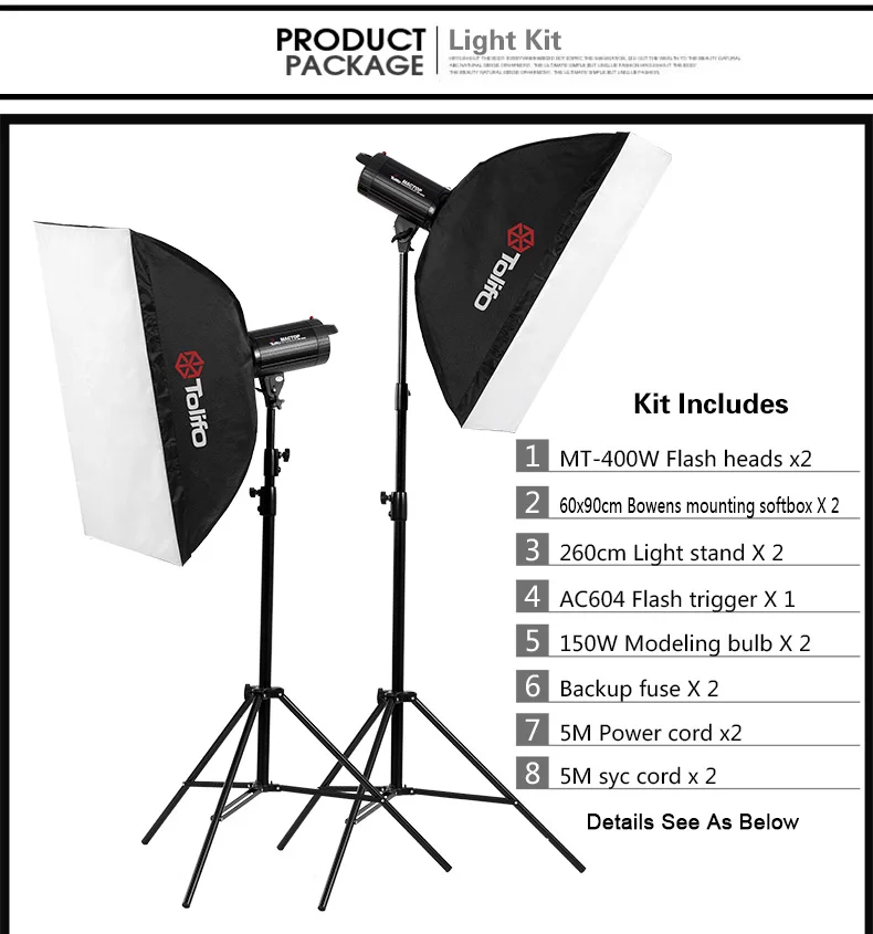 Tolifo 400W 3 lights Strobe Light Kit for Photography and Video