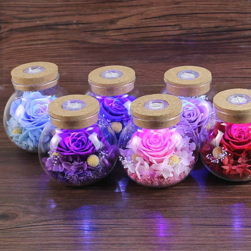  Yunnan Menghuang Supply Preserved Rose Flower in Glass Bottle with LED light for New Year Best Wishes