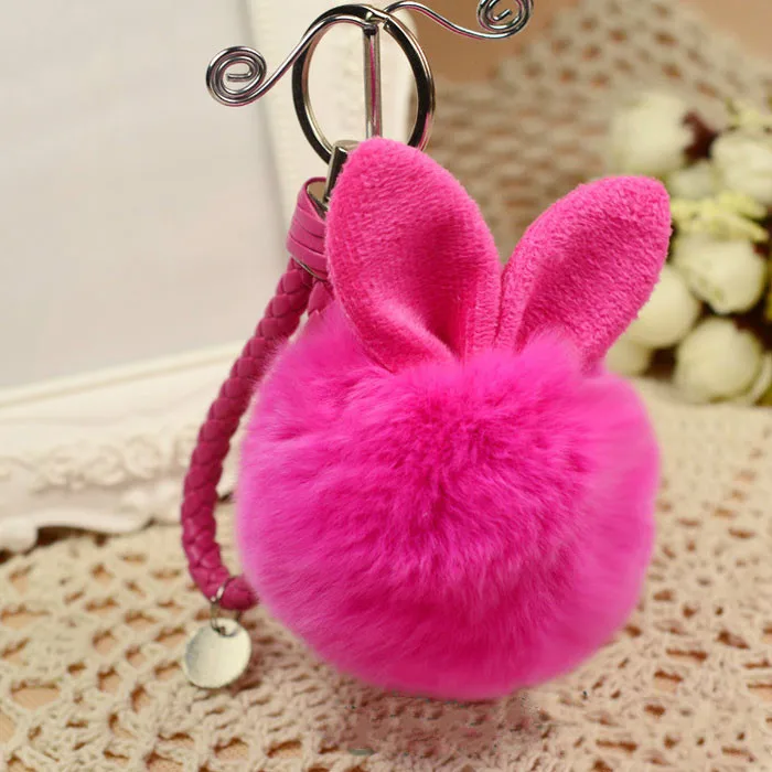 可爱的粉红色兔子毛皮球包吊坠毛皮绒球钥匙扣钥匙圈