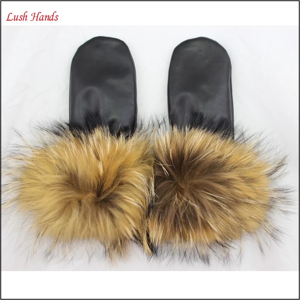 ladies winter sheepskin genuine leather mittens with long fur