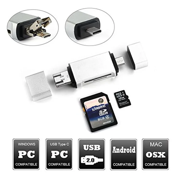 YC330 3 in 1 Micro USB Combo to 2 Slot TF SD Type C Cheap mini all in one card reader for Android phone Tablet PC