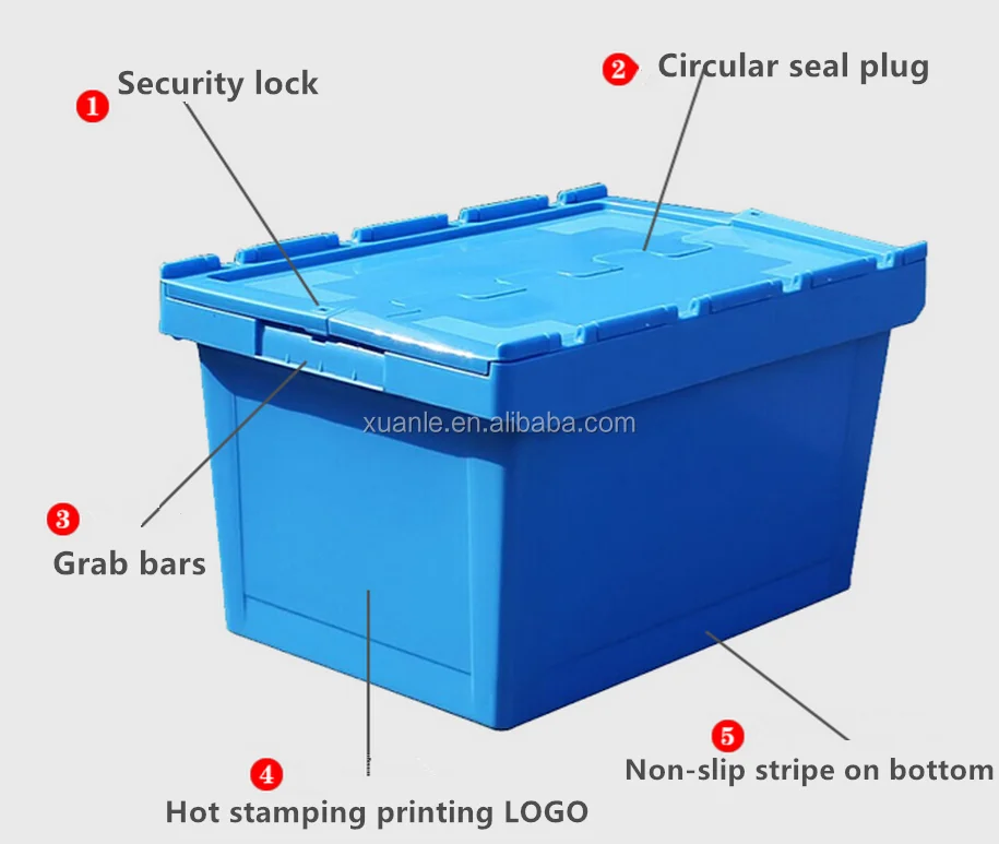 60l Stackable Turnover Plastic Storage Container Bins Box With Attached