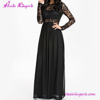 2019 Terbaru  Desain Hitam Panjang  Lengan Lace Maxi Gaun  