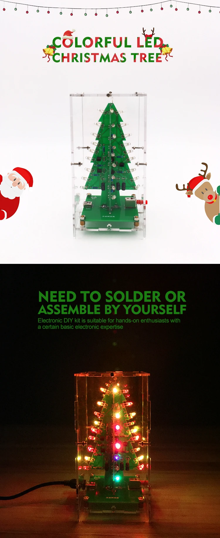 Electronic Fun Welding Suite Flash Circuit Kit Three Dimensional 3D Christmas Tree Gift Seven colors LED  DIY Electronic suite