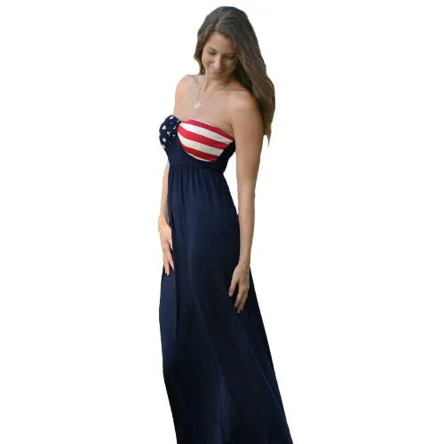 Femmes Maxi Robe Bustier Imprimé Drapeau Américain Décolleté Chérie Taille élastique Robe De Plage Dété Bleu Buy Femmes Maxi Robe Bustier Drapeau