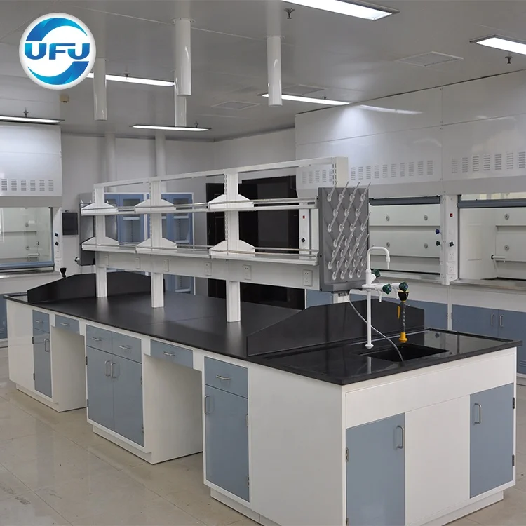 Chinese Laboratory Lab Workbench Island Table With Reagent Shelf And