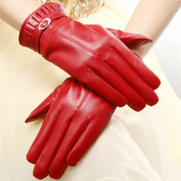 women fashion red leather wool lining gloves