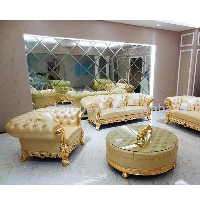 Chesterfield Golden Color Leather Sofa Seat With Round Center Table 1 2 3 Genuine Royal Set