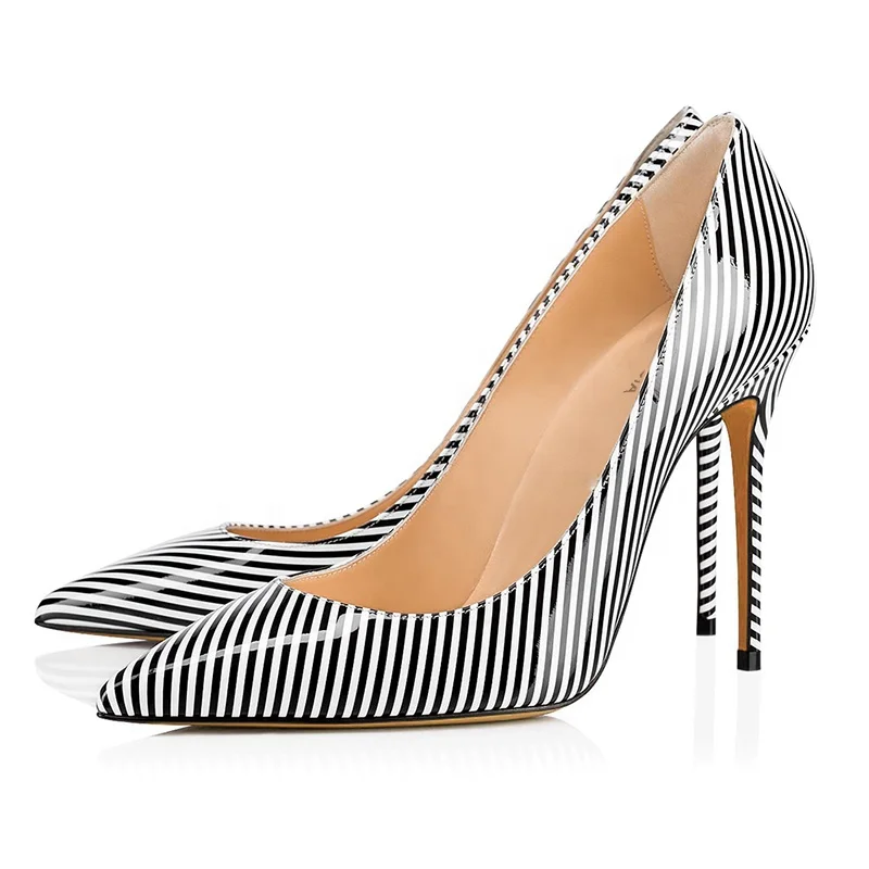 Elegant Black And White Stripes Pointed Toe High Heel Pumps - Buy ...