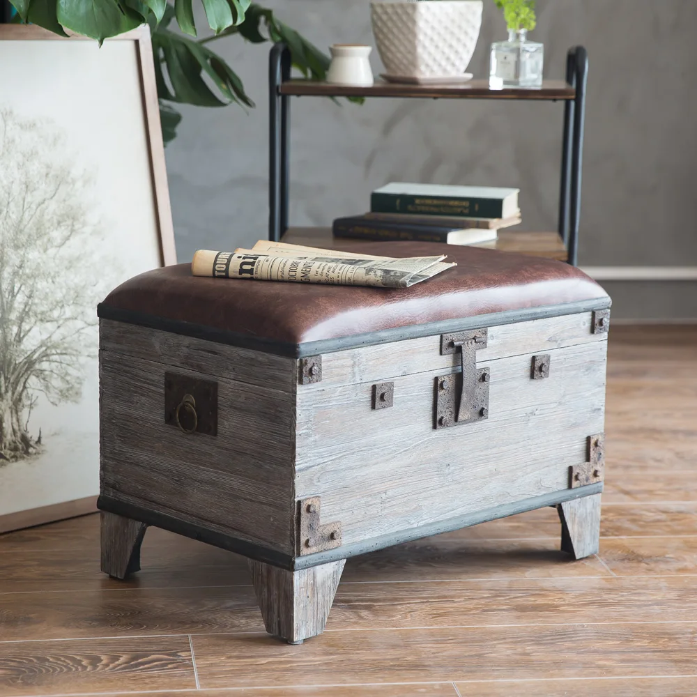 Pastoral de madera Vintage banco de almacenamiento/otomana-Pufs y