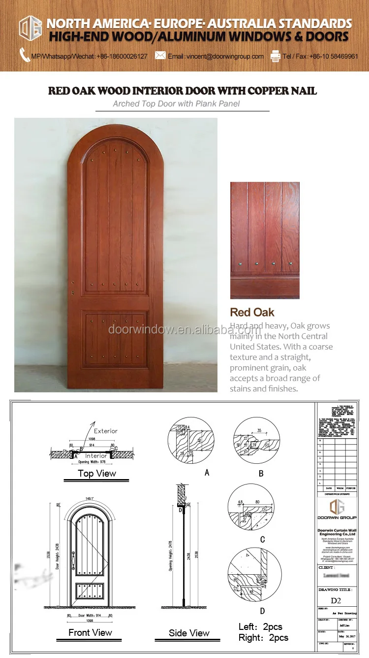 Round top design interior solid red oak wood door with copper nail