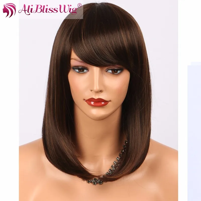 Cheap 14" Bob Wig With Bangs Brown 4 With Highlights 30 None Lace