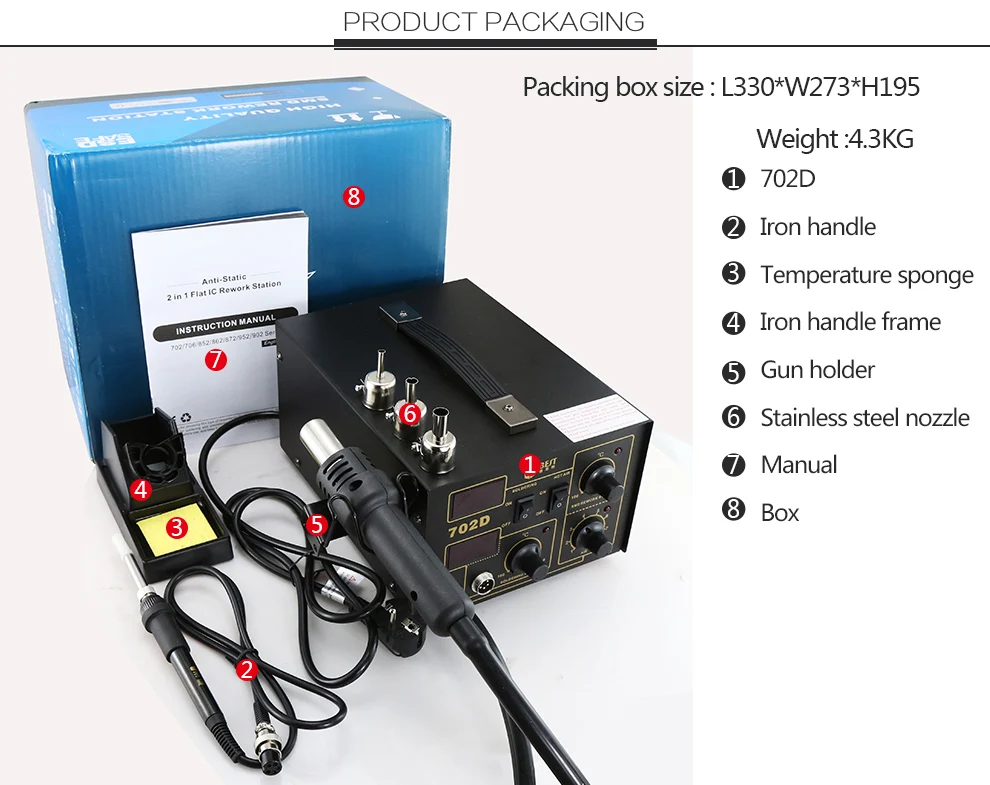 BST-702D 2 in 1 digital display rework station soldering iron and heat gun