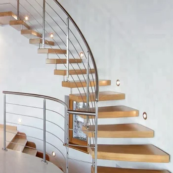 Modern Floating Curved Staircase Design Wooden Stainless Steel Rod Railings Decorative For Indoor House Buy Home Interior Staircase Indoor Metal