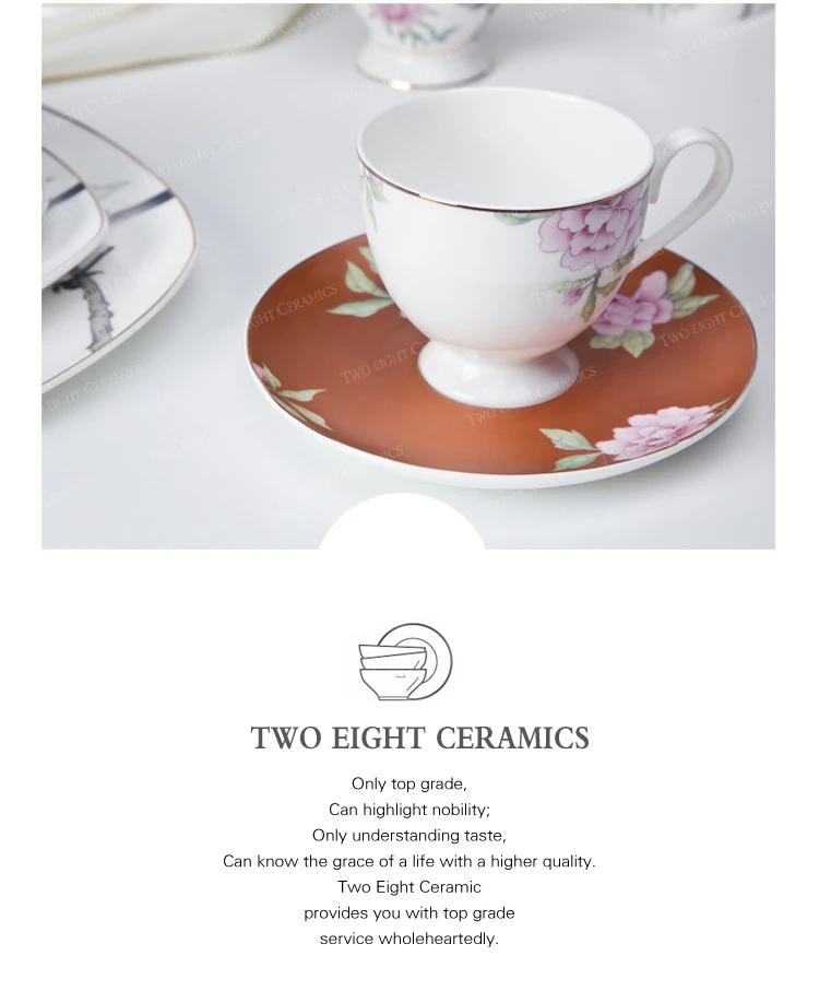 Wholesale royal bone china luxury dinner set flower decal printing hotel crockery set
