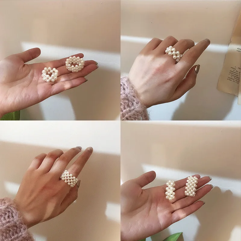Wholesale Instagram Fashion New Arrived Handmade Custom Plastic Jewelry Korean Braided Pearl Ring For Women