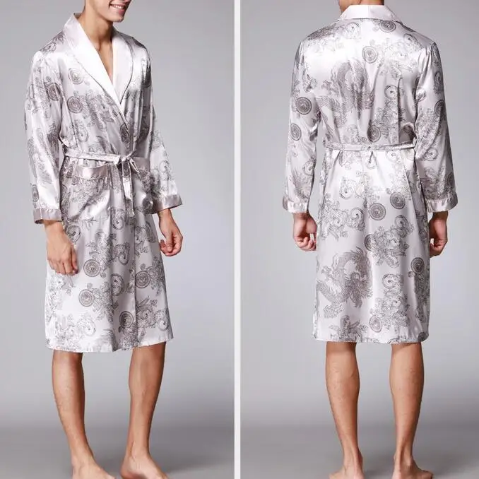 High Quality Mens Silk Satin Robe Nightgown Long Sleeve House Kimono