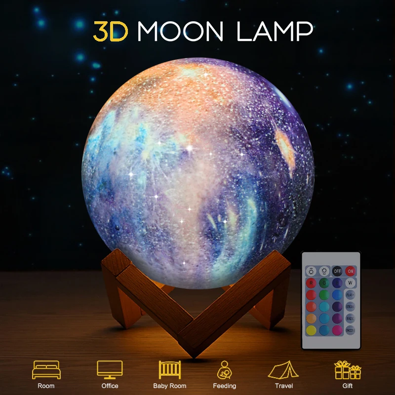 6 inches pink decorative moon light,  rechargeable 3D printed lunar lamp, remote 16 colors chang night light