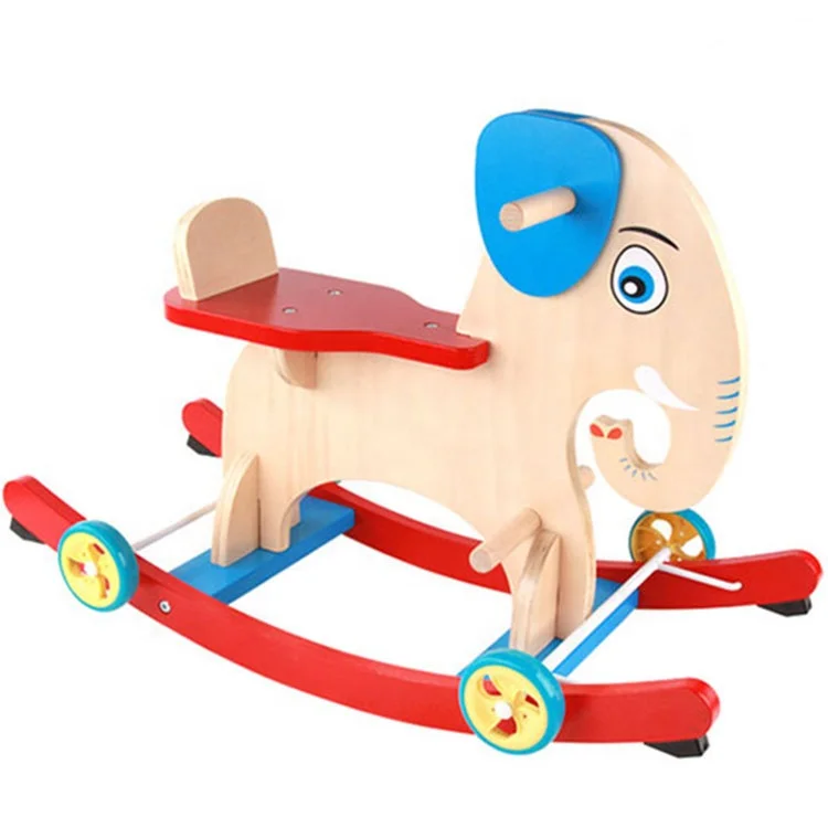 Wholesales Elephant Designed Wooden Rocking Horse Baby Wood Ride On Animal Toys With Wheels