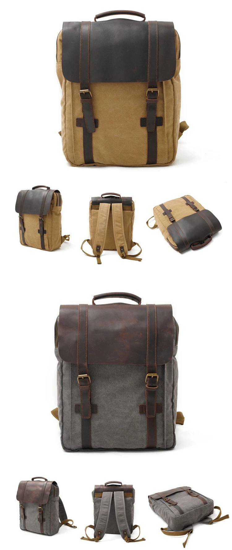 Elegant European vintage design cotton canvas crazy horse leather rucksack high school backpack bag back pack bagpack