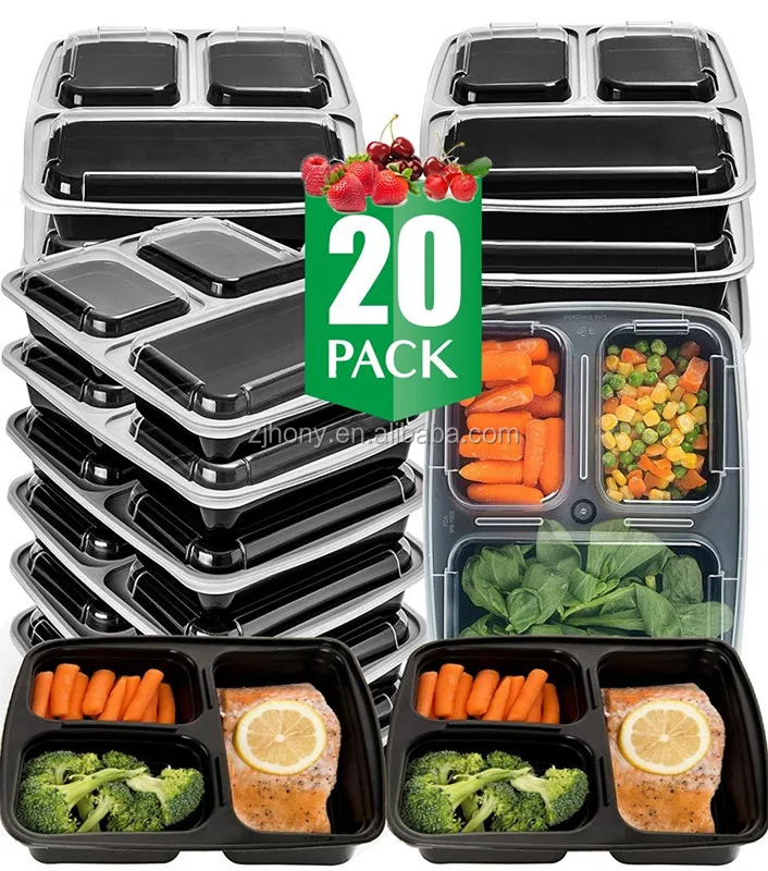 [20 Pack] 3 Compartment Meal Prep Containers With Lids Food Storage Bento Box Bpa Free