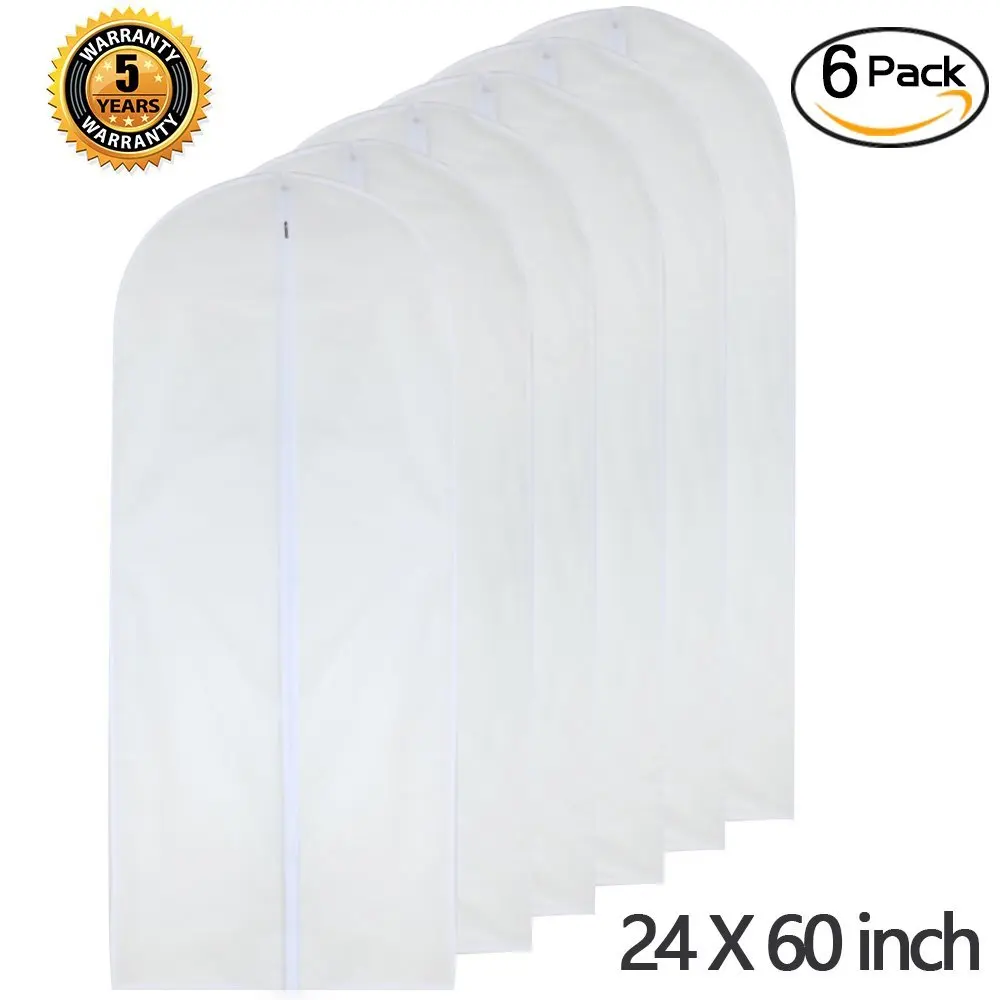 Garment Bag Clear for Long Dress 24'' x 60'' Moth Proof Garment Bags White Breathable Full Zipper Dust Cover for Clothes Storage Closet Pack Of 6