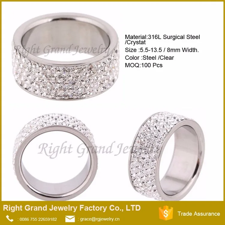 8mm Width Stainless Steel Diamond Ring / White 5 Rows Lines Cz Crystal