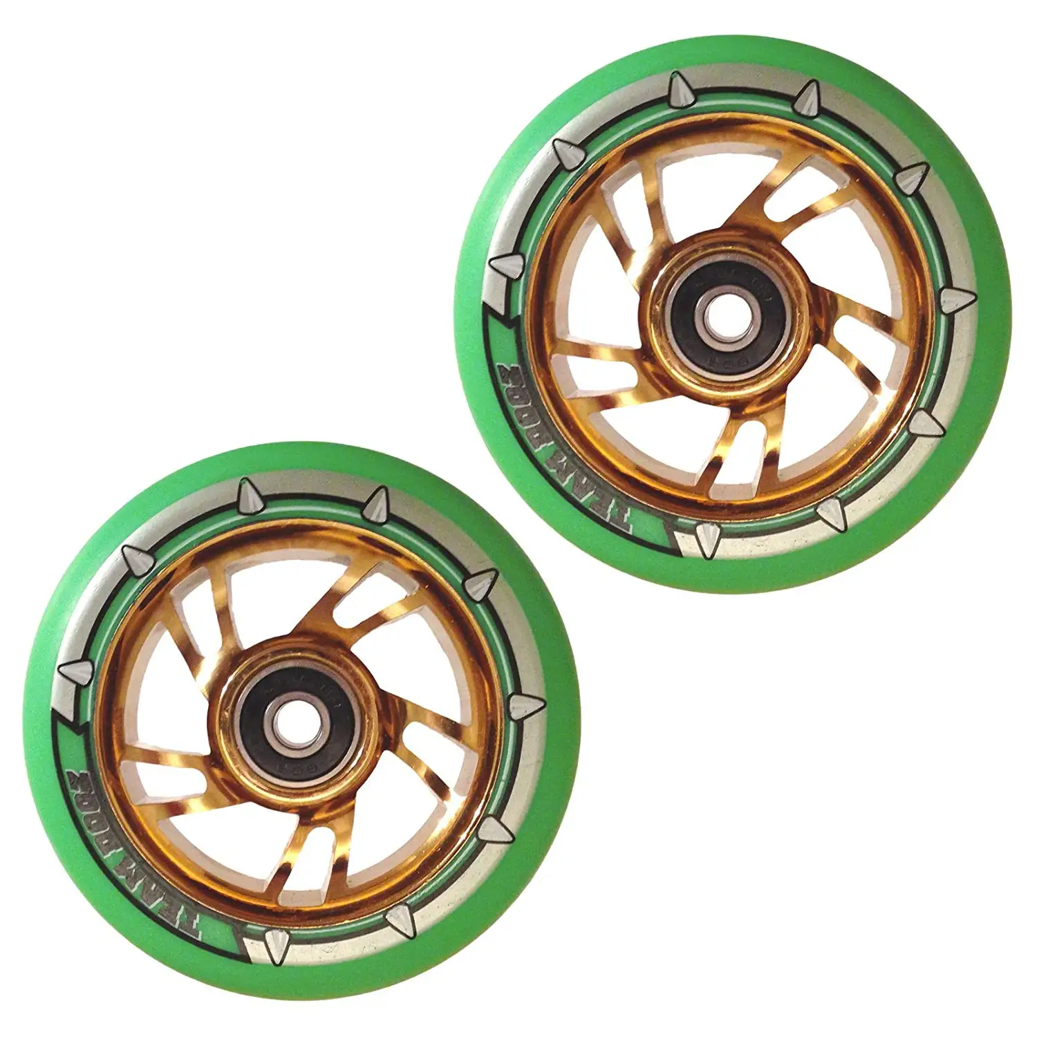 Team Dogz 100mm Swirl Scooter Wheels - Gold Cores Green Tyres (Pair)