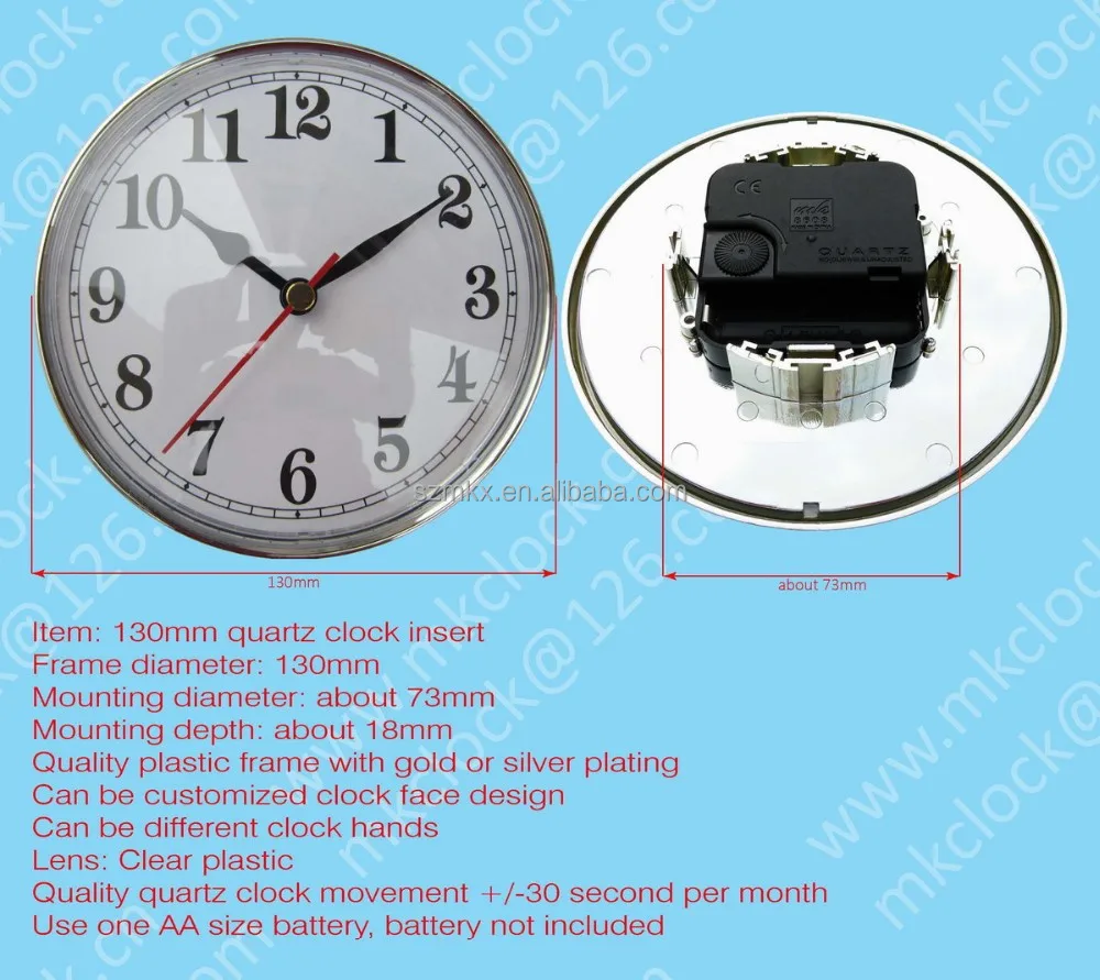 
130mm diameter quality plastic clock insert silver plating arabic numerals dial quality quartz clock mechanism 