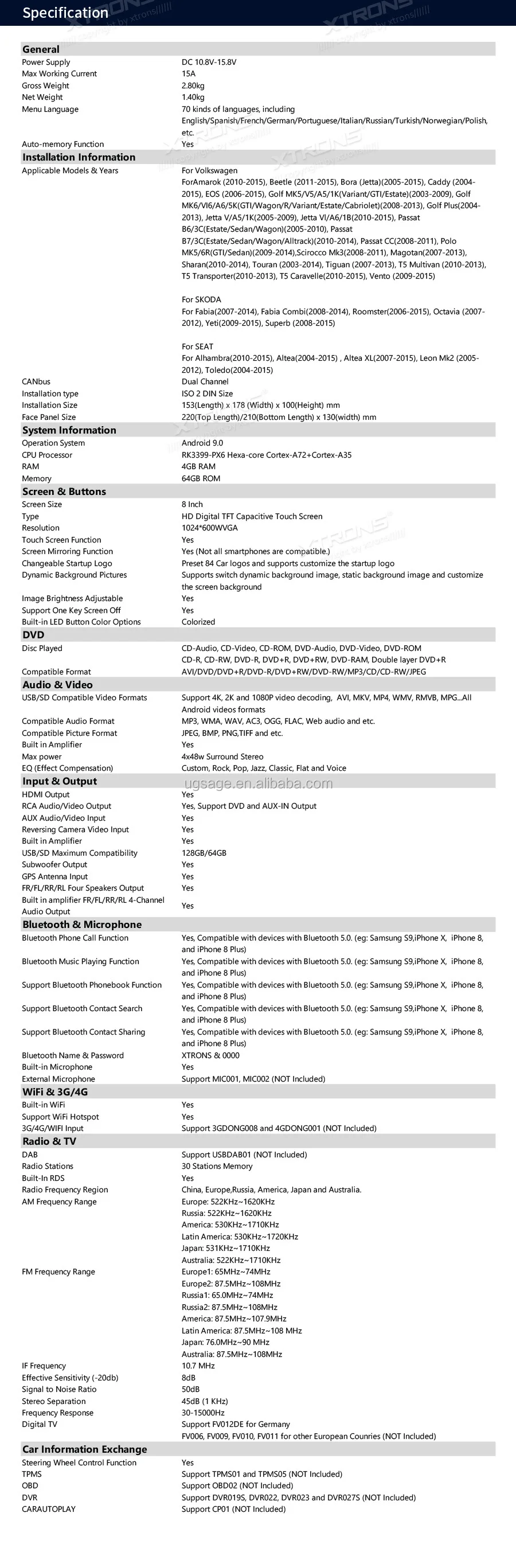 Xtrons Android 9.0 Car Dvd Player For Volkswagen Jetta Passat B6 Polo