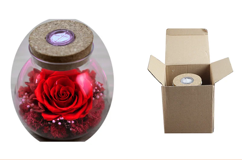 Yunnan Menghuang Supply Preserved Rose Flower in Glass Bottle with LED light for New Year Best Wishes