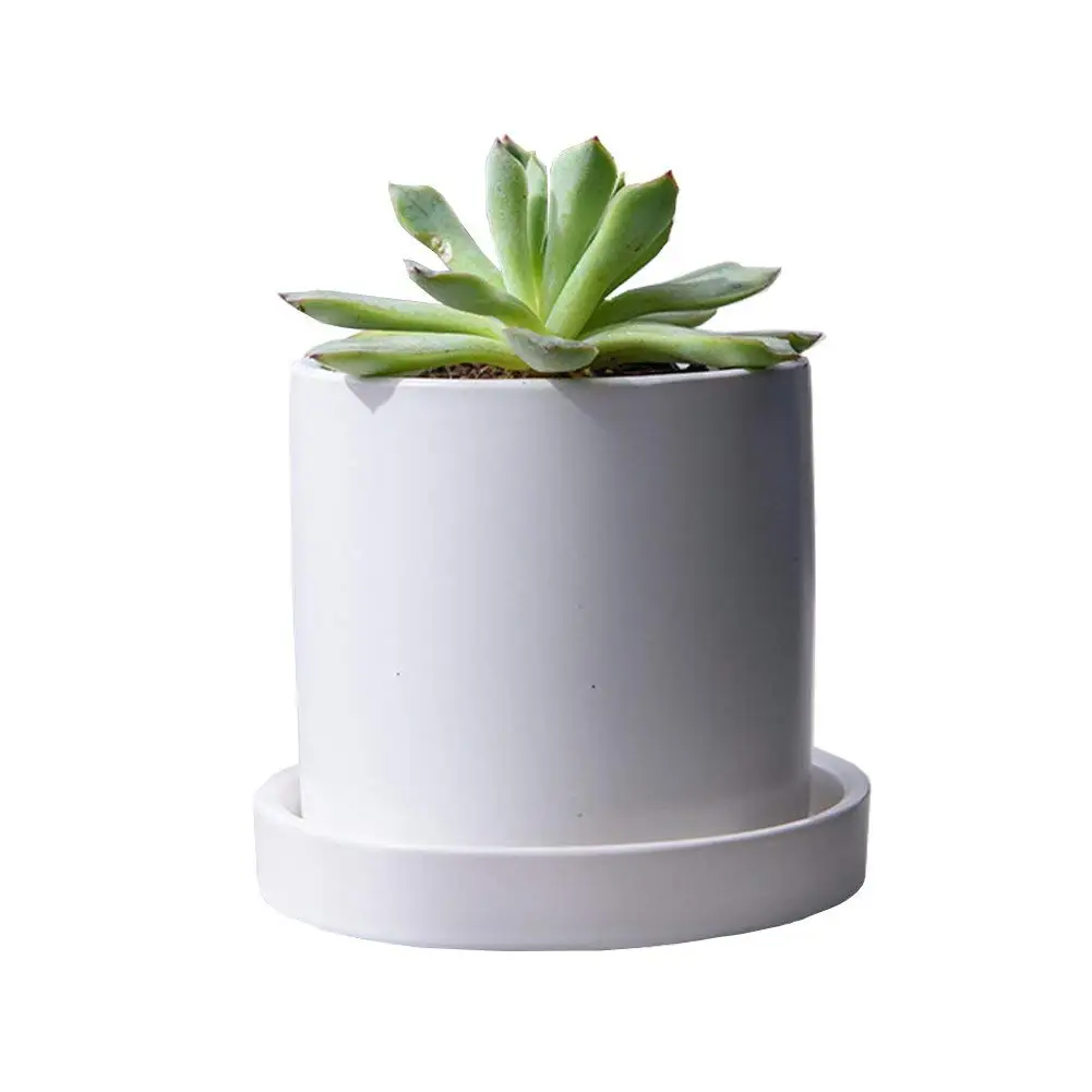 JINMURY4.3 inch Ceramic Matt Surface Cylinder Plant Pots with Drainage Hole and Ceramic Tray, for Succulents, Cactus, Flower Planting (Matt White)