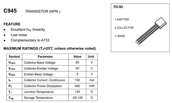 C945 plastique-encapsuler transistor de puissance NPN TO-92 100pcs 