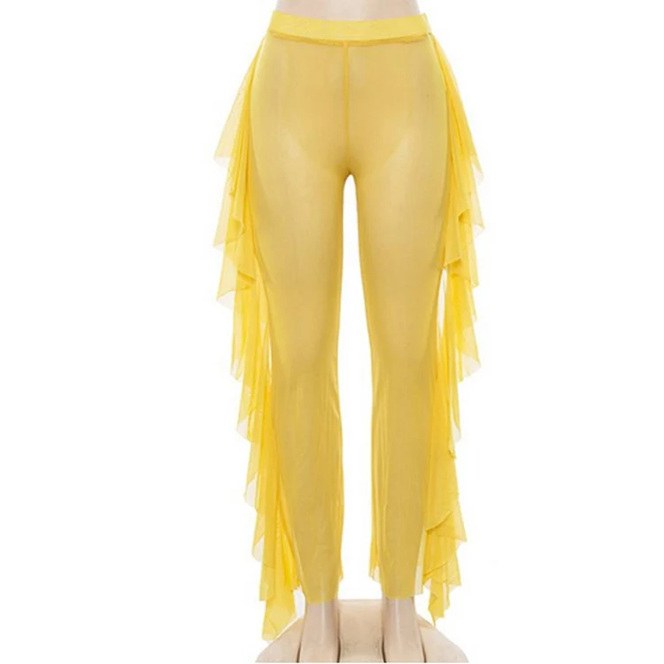 Lddress New Sexy Ruffle Women Beach Mesh Pants Sheer Wide Leg Pants