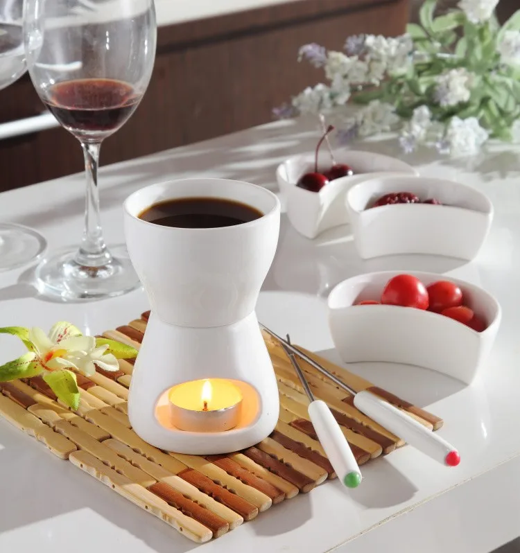 120ml White Porcelain Chocolate Fondue Set With Forks And Candles Buy