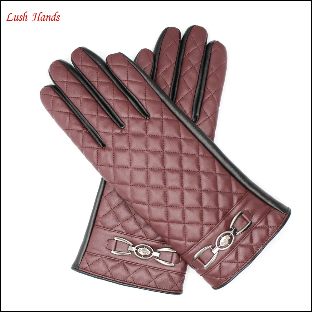 2016 ladies Pu leather glove classic embroidery and metal accessories two tone red and black PU leather gloves design ,